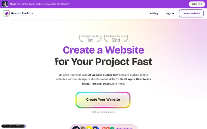 unicornplatform.com homepage on desktop