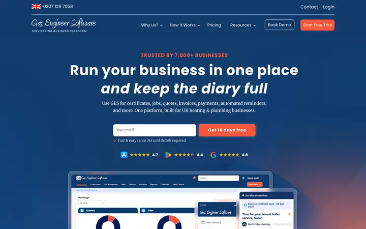 gasengineersoftware.co.uk homepage