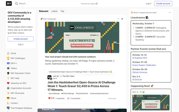 dev.to homepage on desktop