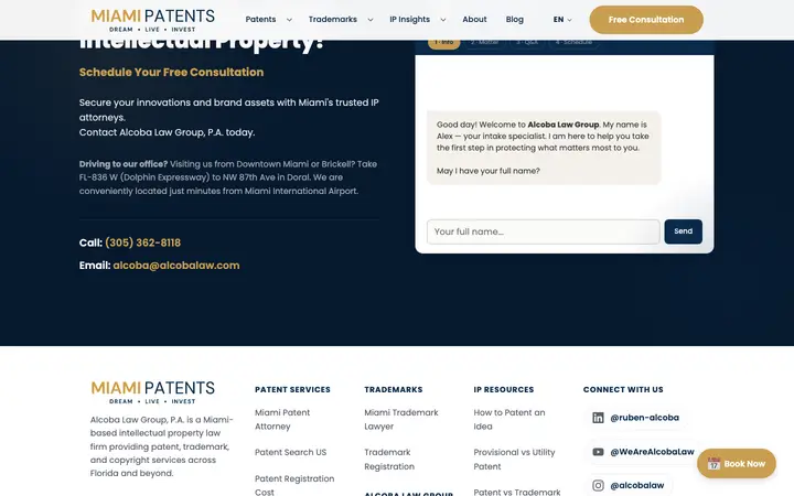 miamipatents.com homepage on desktop