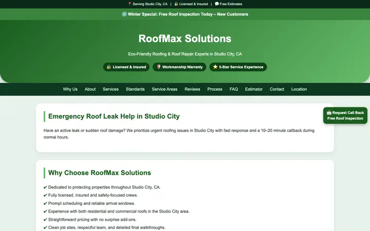 roofmaxsolutions.repair homepage on desktop