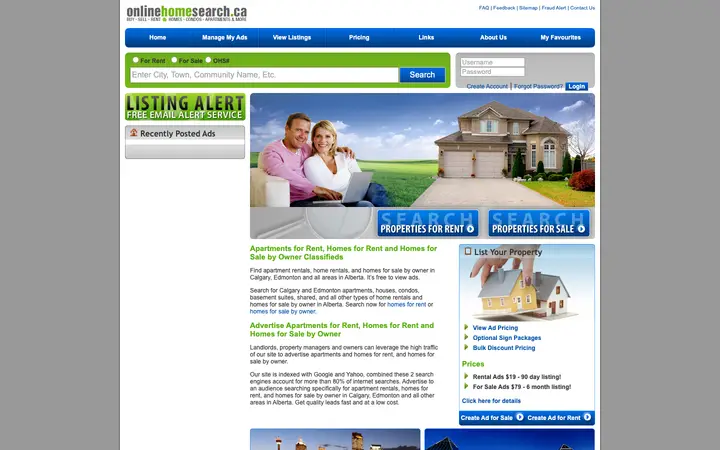 onlinehomesearch.ca homepage on desktop