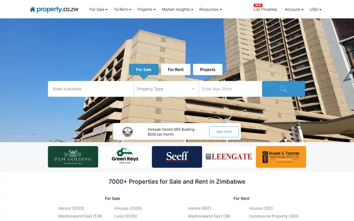 property.co.zw homepage on desktop