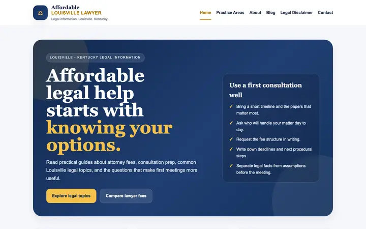 affordablelouisvillelawyer.com homepage on desktop