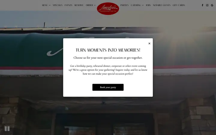 amedeosrestaurant.com homepage on desktop