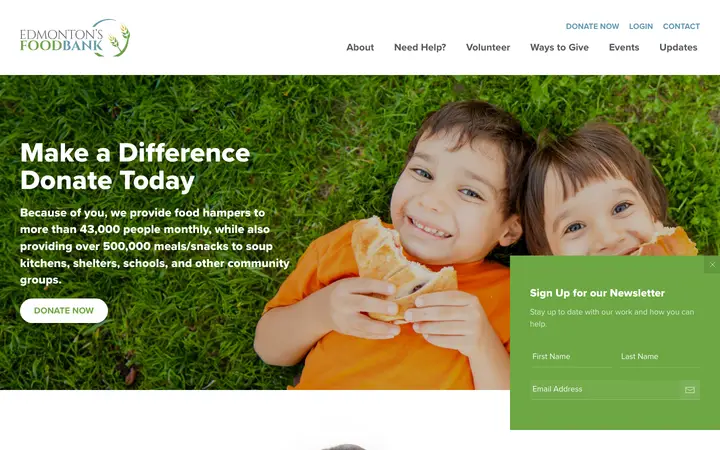 edmontonsfoodbank.com homepage on desktop
