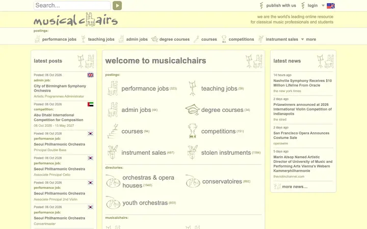 musicalchairs.info homepage on desktop