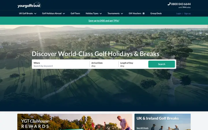 yourgolftravel.com homepage on desktop