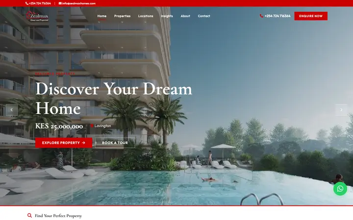 zealmaxhomes.com homepage on desktop