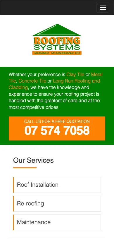 roofingsystems.co.nz homepage on mobile