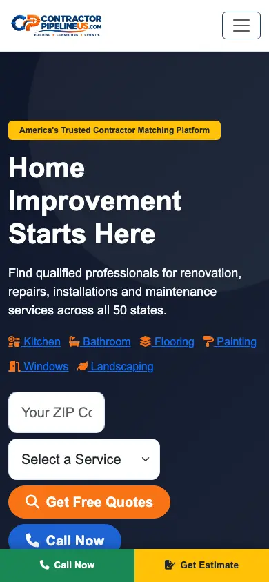 contractorpipelineus.com homepage on mobile