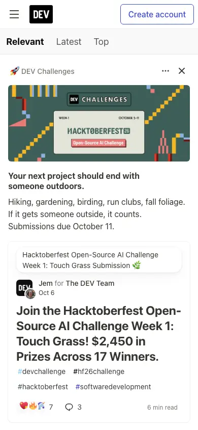 dev.to homepage on mobile