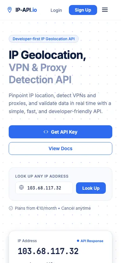 ip-api.io homepage on mobile