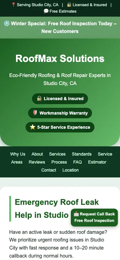 roofmaxsolutions.repair homepage on mobile