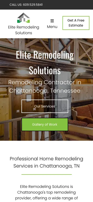 eliteremodelingsolutions.com homepage on mobile