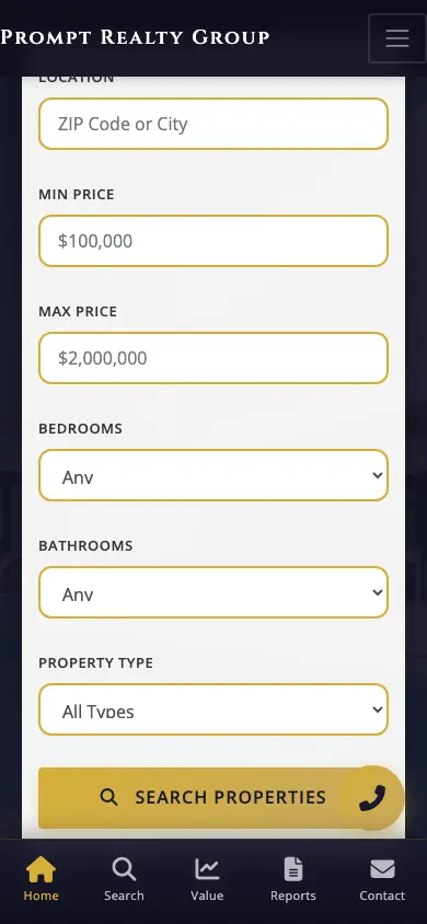 promptrealtygroup.com homepage on mobile