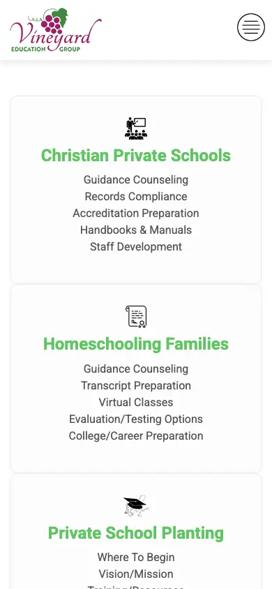 vineyardeducationgroup.com homepage on mobile
