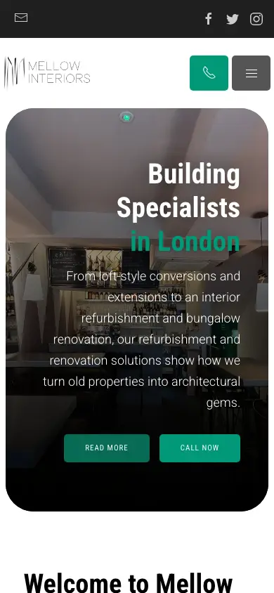 mellowinteriors.co.uk homepage on mobile