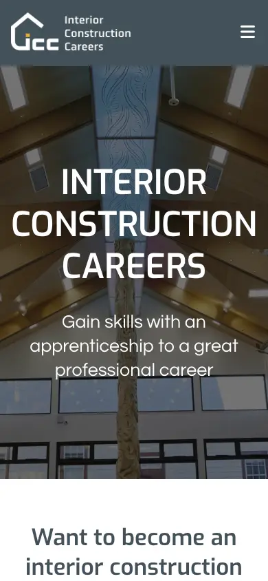 interiorconstructioncareers.co.nz homepage on mobile