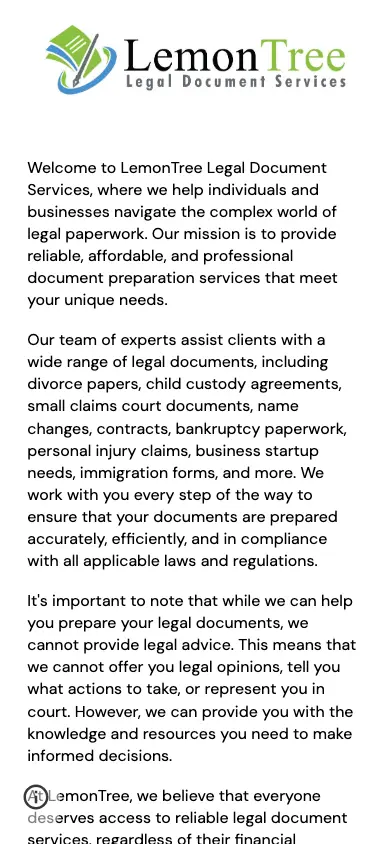 lemontreelegal.com homepage on mobile