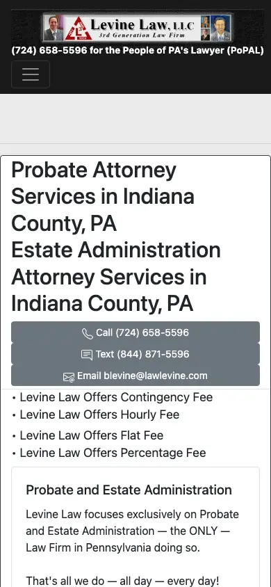 indiana-county-pa-probate-estate-administration-attorney.com homepage on mobile