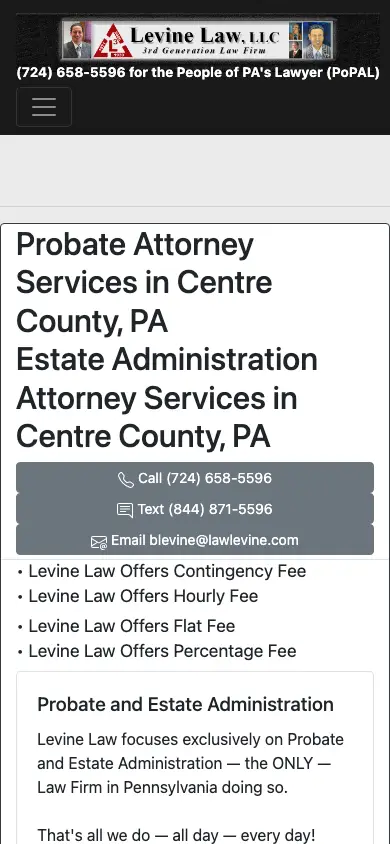 centre-county-pa-probate-estate-administration-attorney.com homepage on mobile