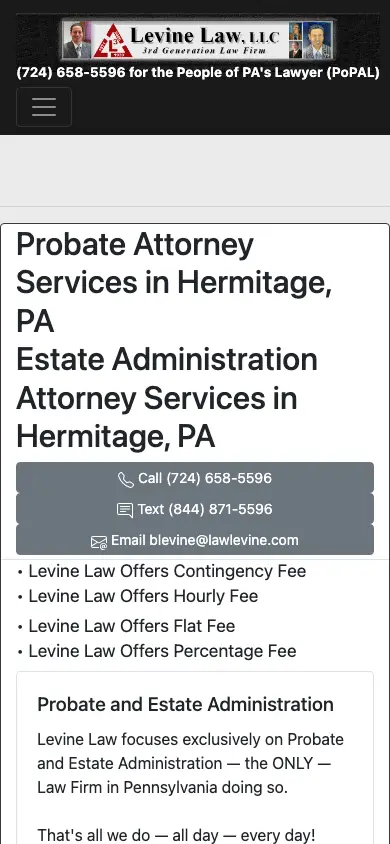 hermitage-pa-probate-estate-administration-attorney.com homepage on mobile