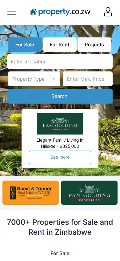 property.co.zw homepage on mobile