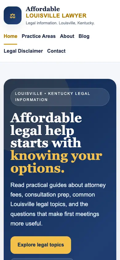 affordablelouisvillelawyer.com homepage on mobile