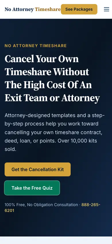 noattorneytimeshare.com homepage on mobile