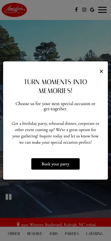 amedeosrestaurant.com homepage on mobile