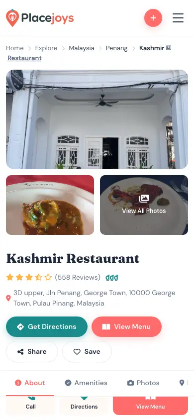 kashmir-restaurant.placejoys.com homepage on mobile