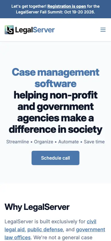 legalserver.org homepage on mobile