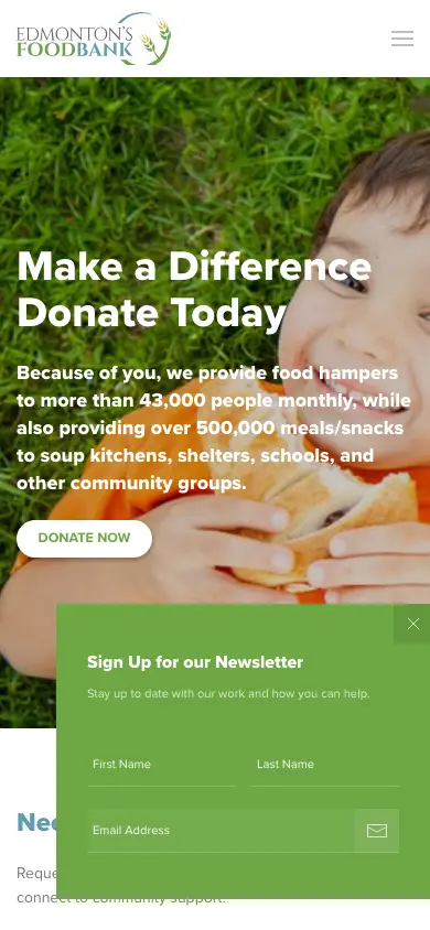 edmontonsfoodbank.com homepage on mobile