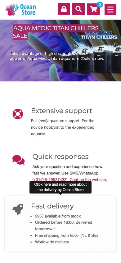 reef-aquarium-store.com homepage on mobile