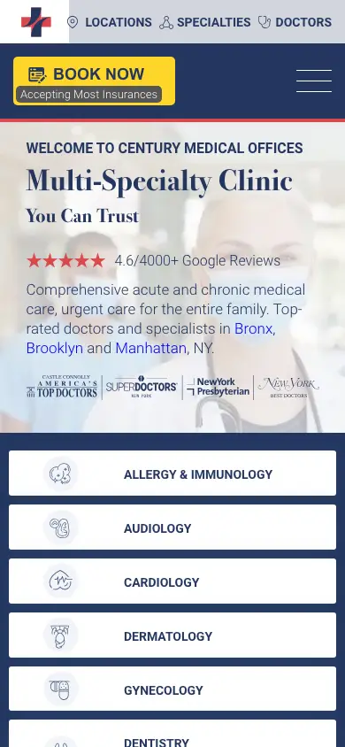 centurymedicaldental.com homepage on mobile