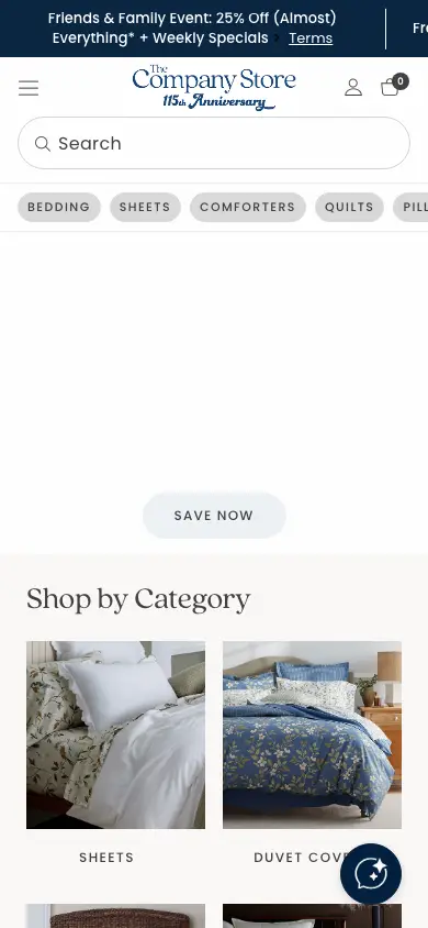 thecompanystore.com homepage on mobile