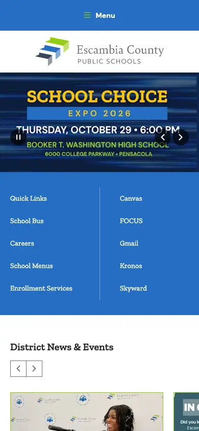escambiaschools.org homepage on mobile