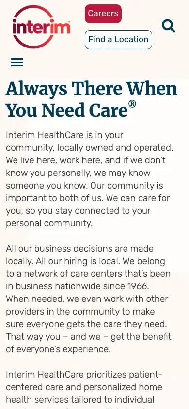 interimhealthcare.com homepage on mobile
