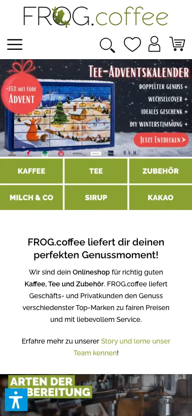 frogcoffee.de homepage on mobile