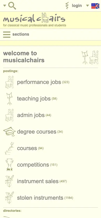 musicalchairs.info homepage on mobile