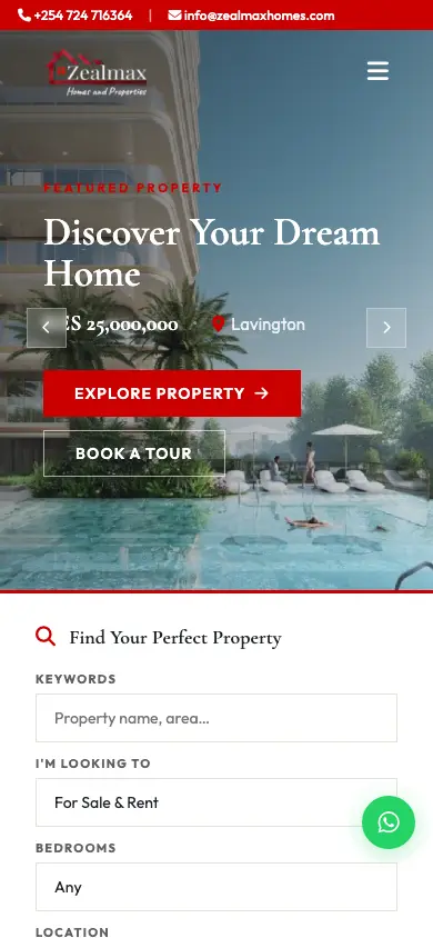 zealmaxhomes.com homepage on mobile