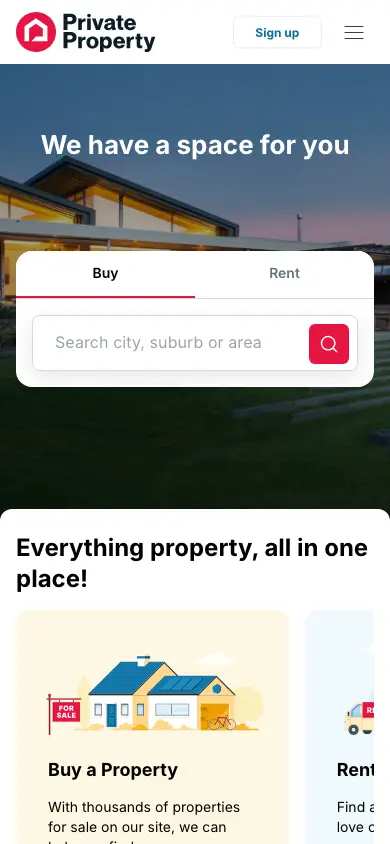 privateproperty.co.za homepage on mobile
