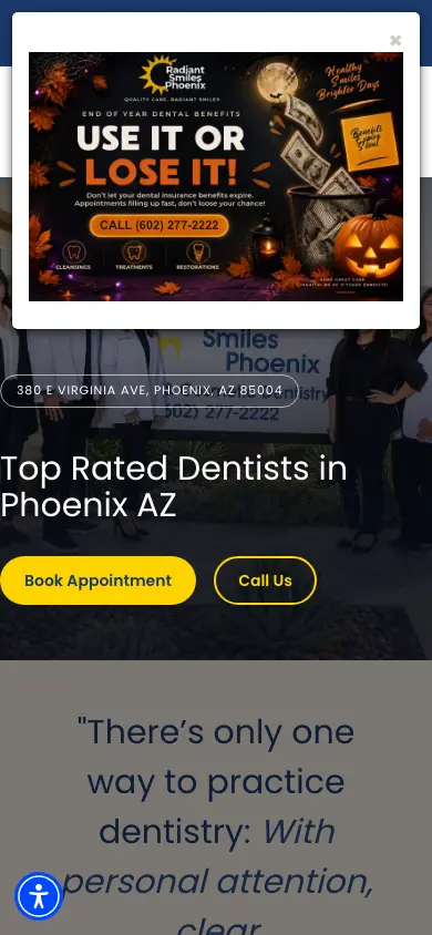 radiantsmilesphoenix.com homepage on mobile